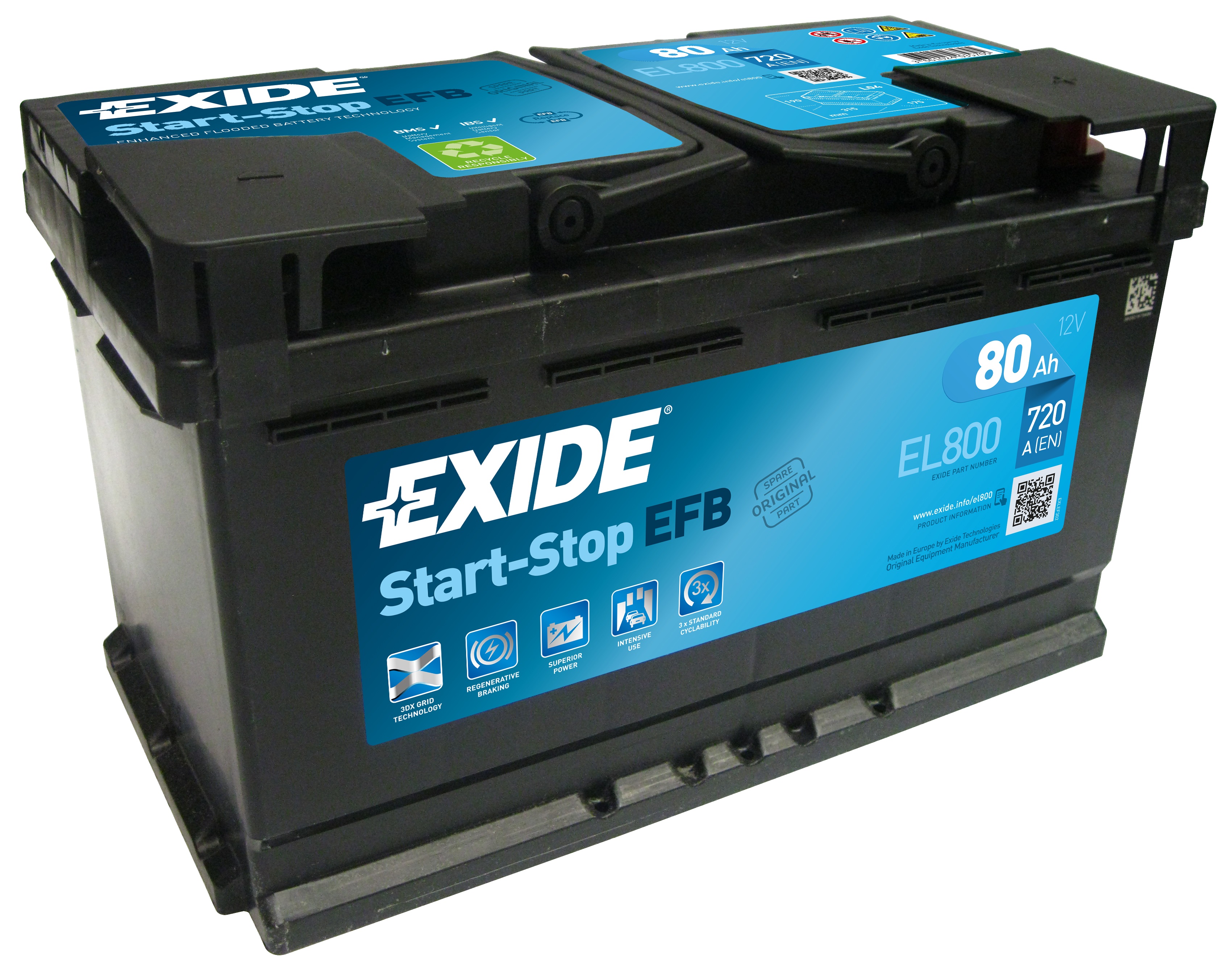 Exide Start-Stop AGM EK800 (80 A/h), 800A R+